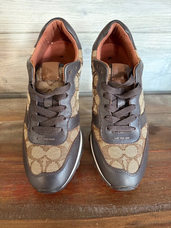 Coach Shoes - Coach Farrah Signature Sneakers Brown Jacquard Leather Women's Sz. 7 Lace-Up
